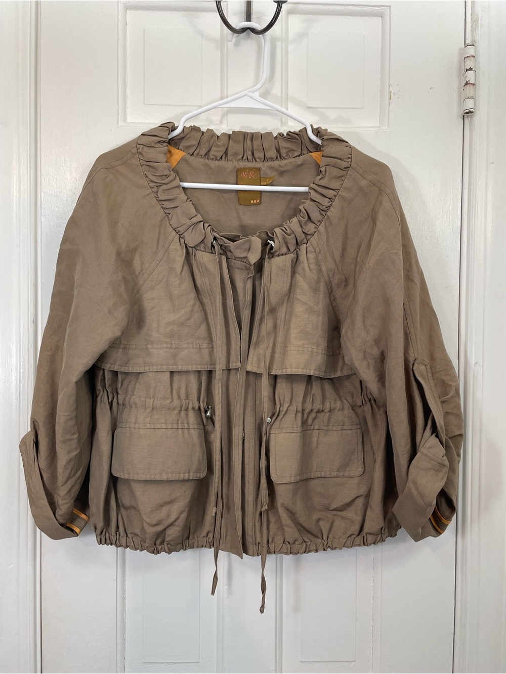 Ali Ro Taupe Brown Ruffle Neck Utility Jacket - Silk Blend - Layering - Size 2
